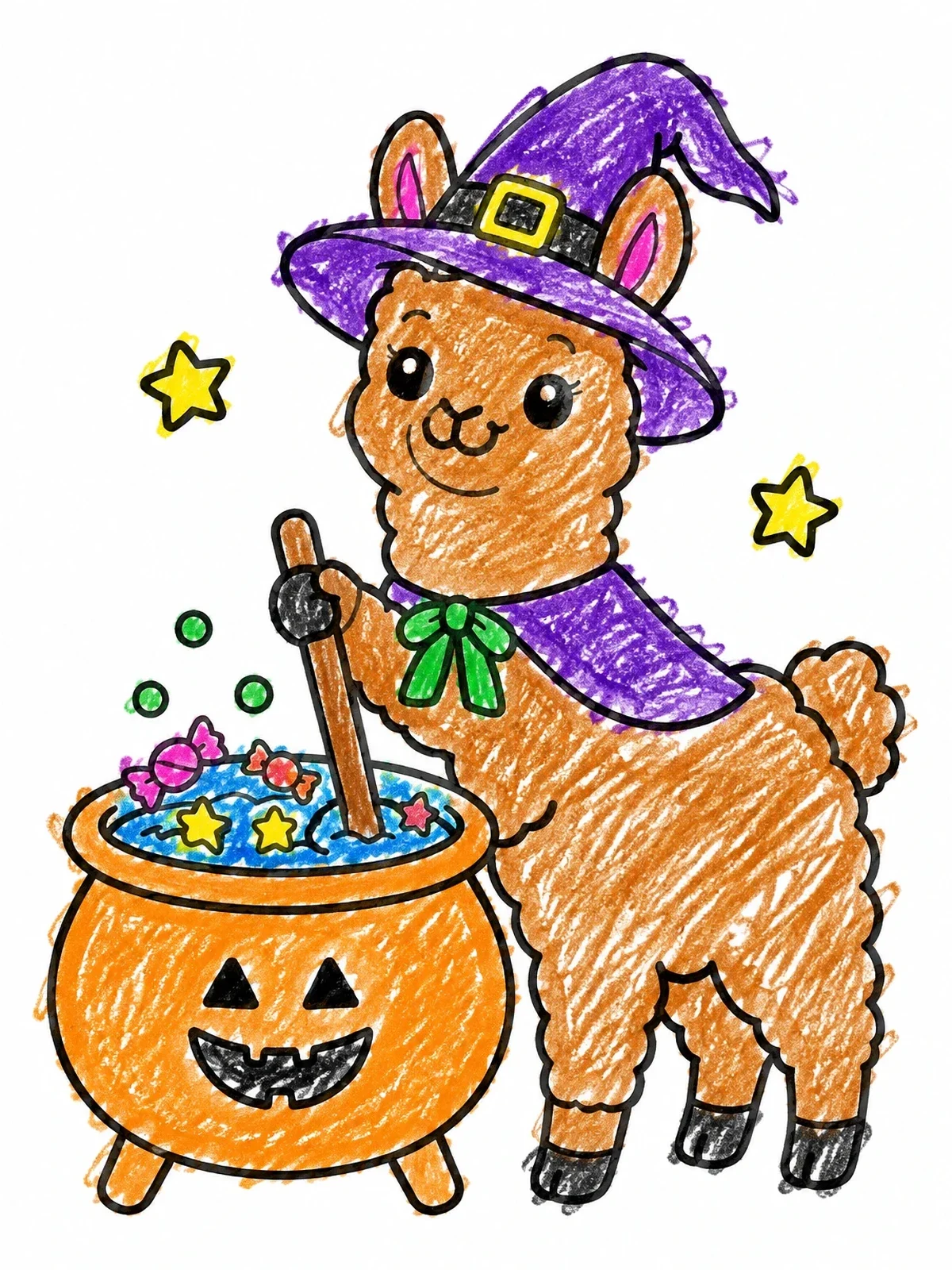 Colored example of the Halloween Witch Llama Brewing Cauldron coloring page