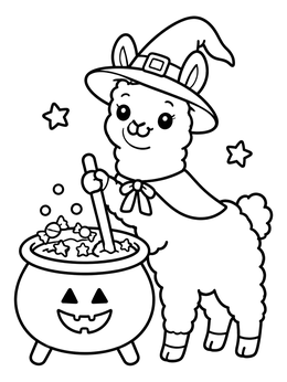 Free printable Halloween Witch Llama Brewing Cauldron coloring page
