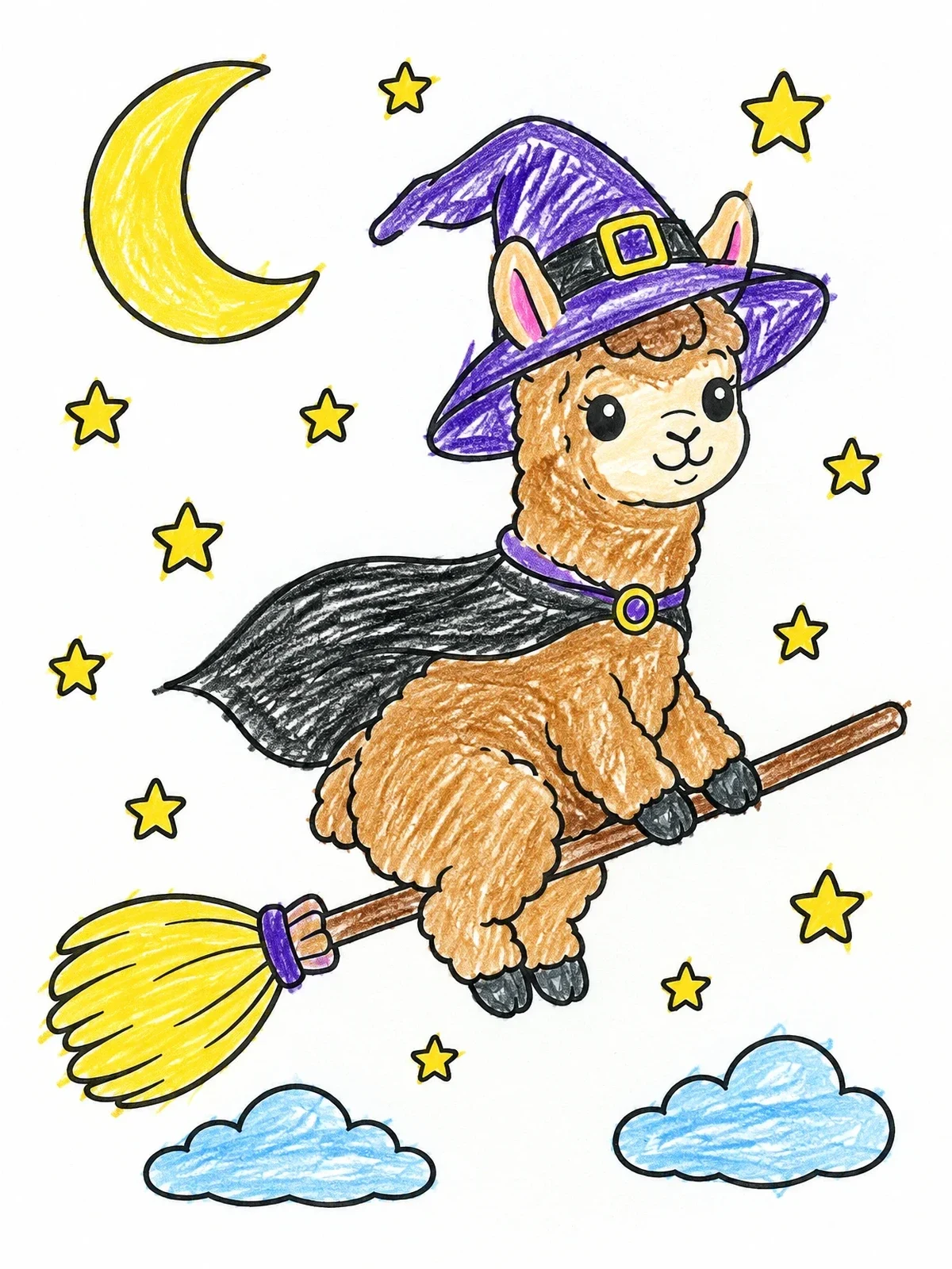 Colored example of the Witch Llama Flying On A Broomstick coloring page