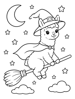 Free printable Witch Llama Flying On A Broomstick coloring page