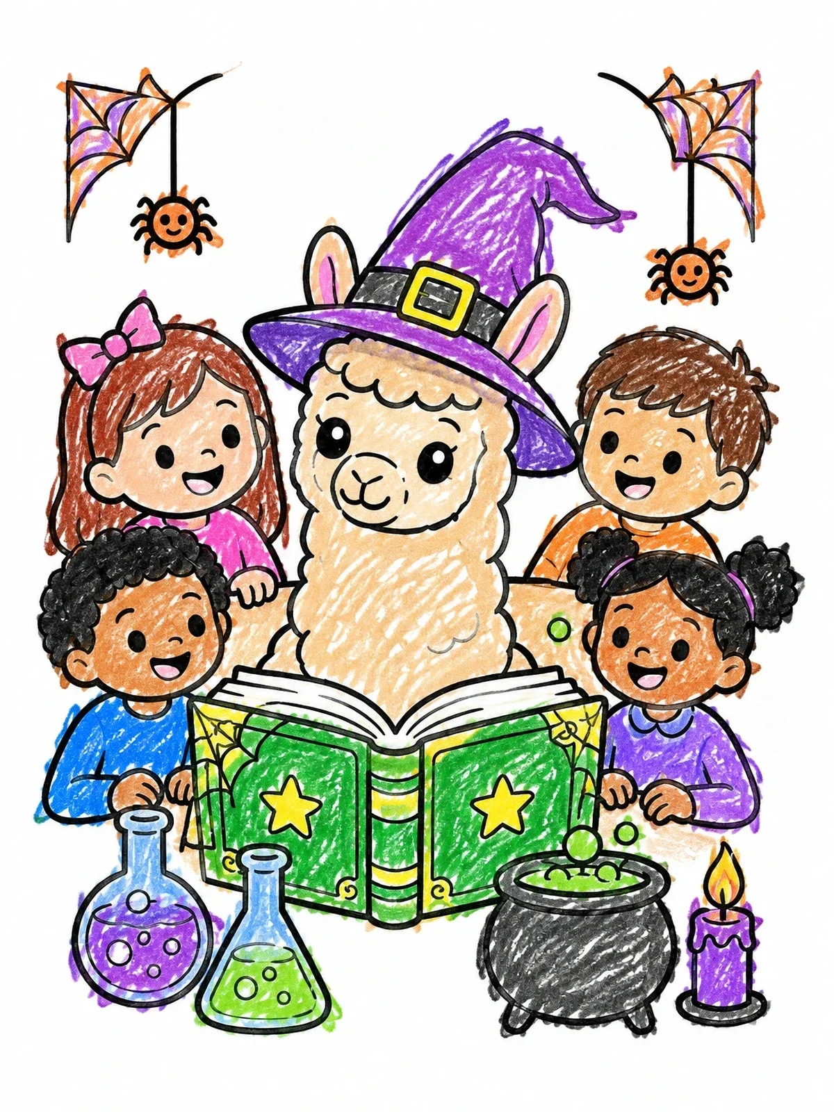 Colored example of the Halloween Witch Llama And Kids coloring page