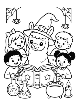 Free printable Halloween Witch Llama And Kids coloring page