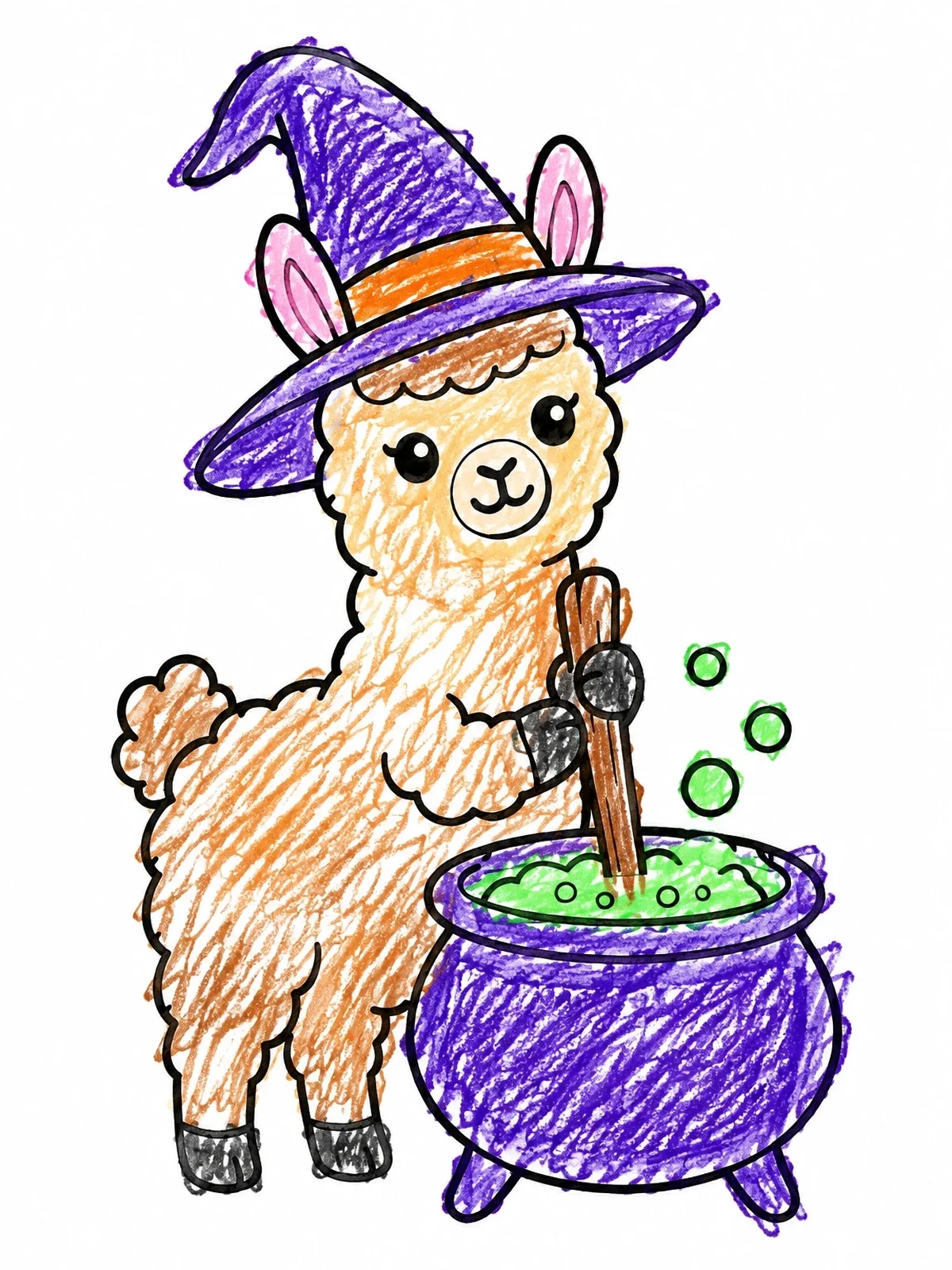 Colored example of the Cute Witch Llama Stirring Cauldron coloring page