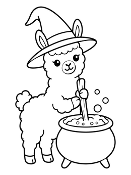 Free printable Cute Witch Llama Stirring Cauldron coloring page
