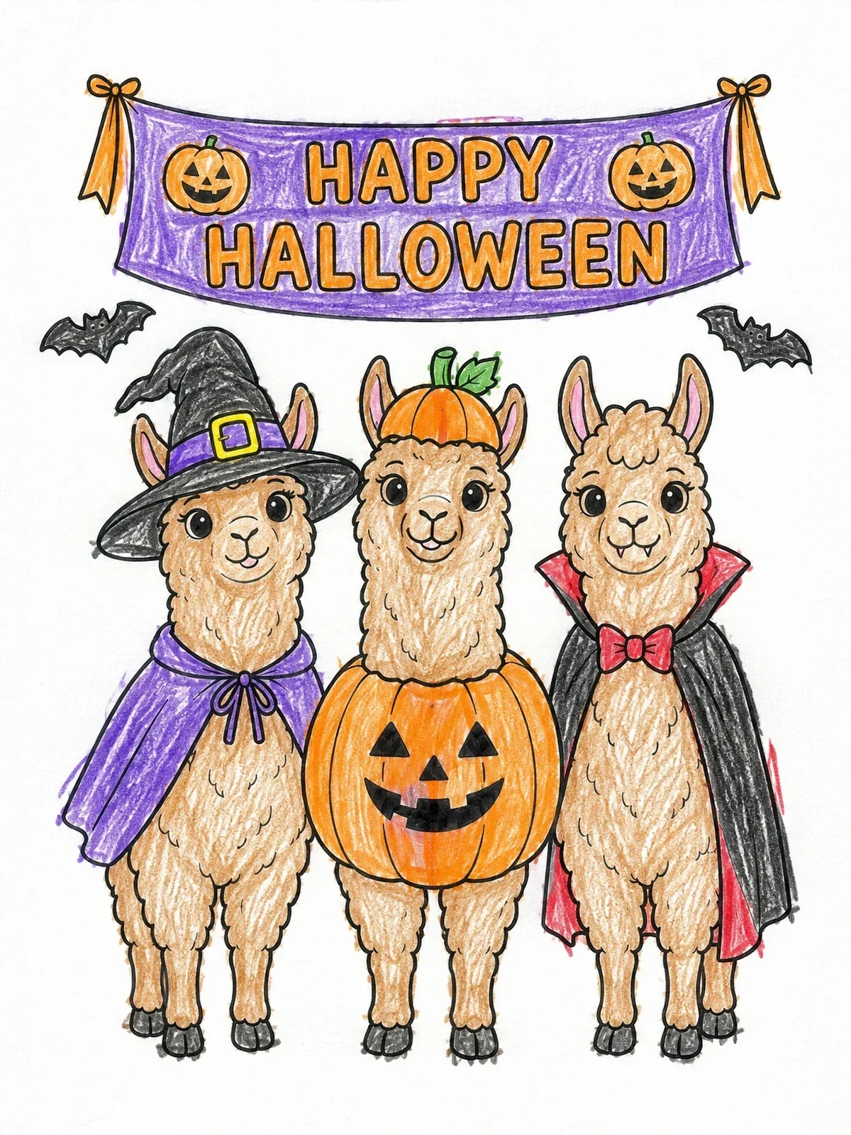 Colored example of the Halloween Llamas In Costumes coloring page