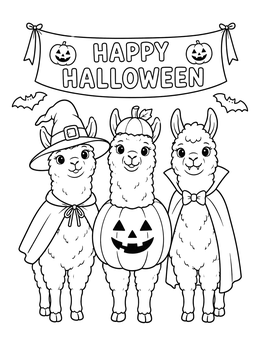 Three cute dressed-up alpacas featured in a halloween llama coloring page with banner.