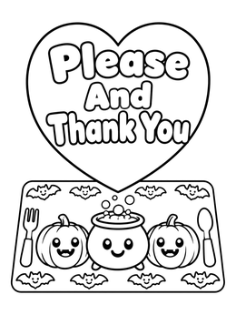 Halloween placemat coloring page with a cauldron, pumpkins, and a manners sign.