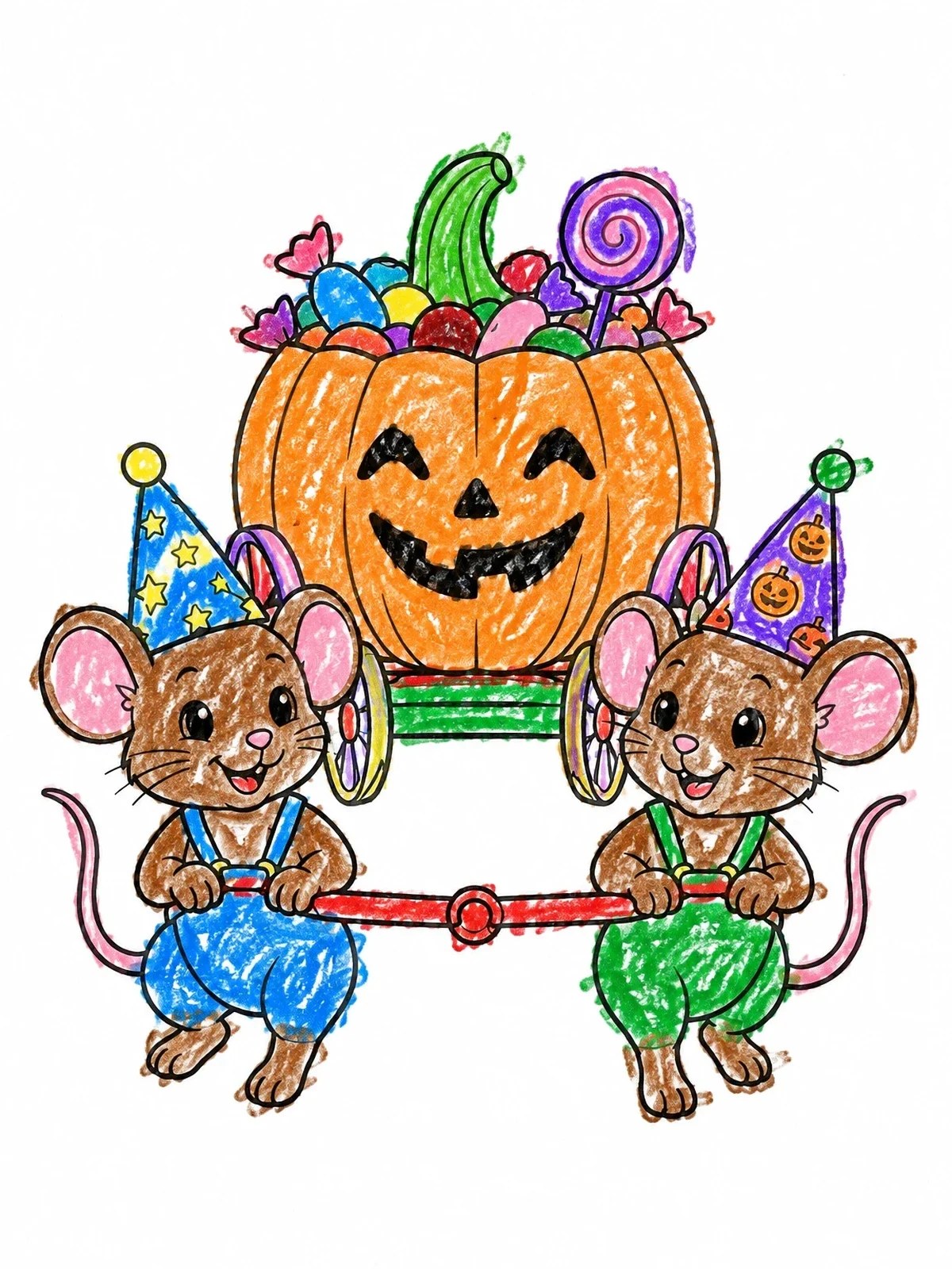 Colored example of the Mice Pulling A Pumpkin Candy Cart coloring page