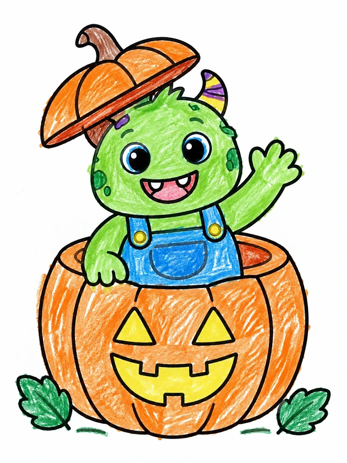 Colored example of the Cute Monster Inside A Jack O' Lantern coloring page