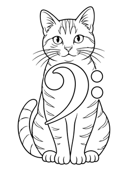 A striped sitting cat with a musical symbol on this halloween music coloring page.
