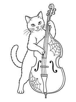 A halloween music coloring page with a cute cat playing a spiderweb-decorated upright bass.