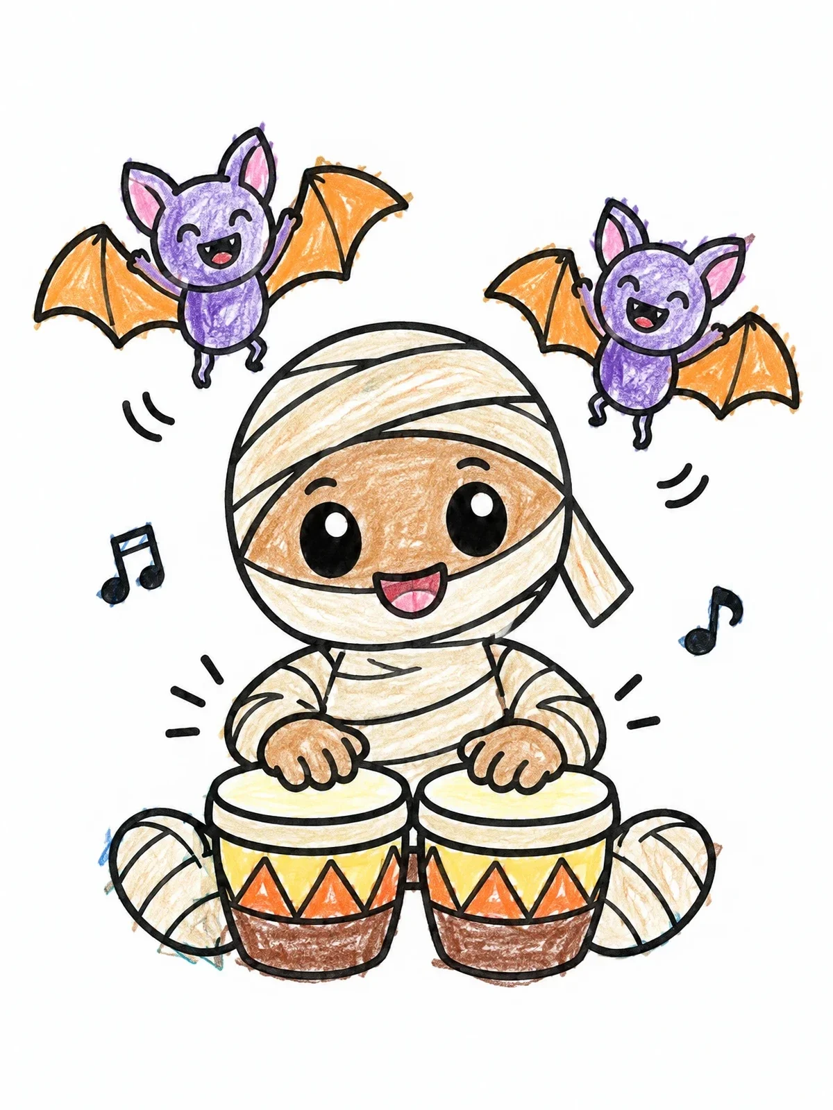 Colored example of the Cute Mummy Playing Bongo Drums coloring page