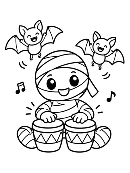 A cheerful mummy drumming with dancing bats in this halloween music coloring page.