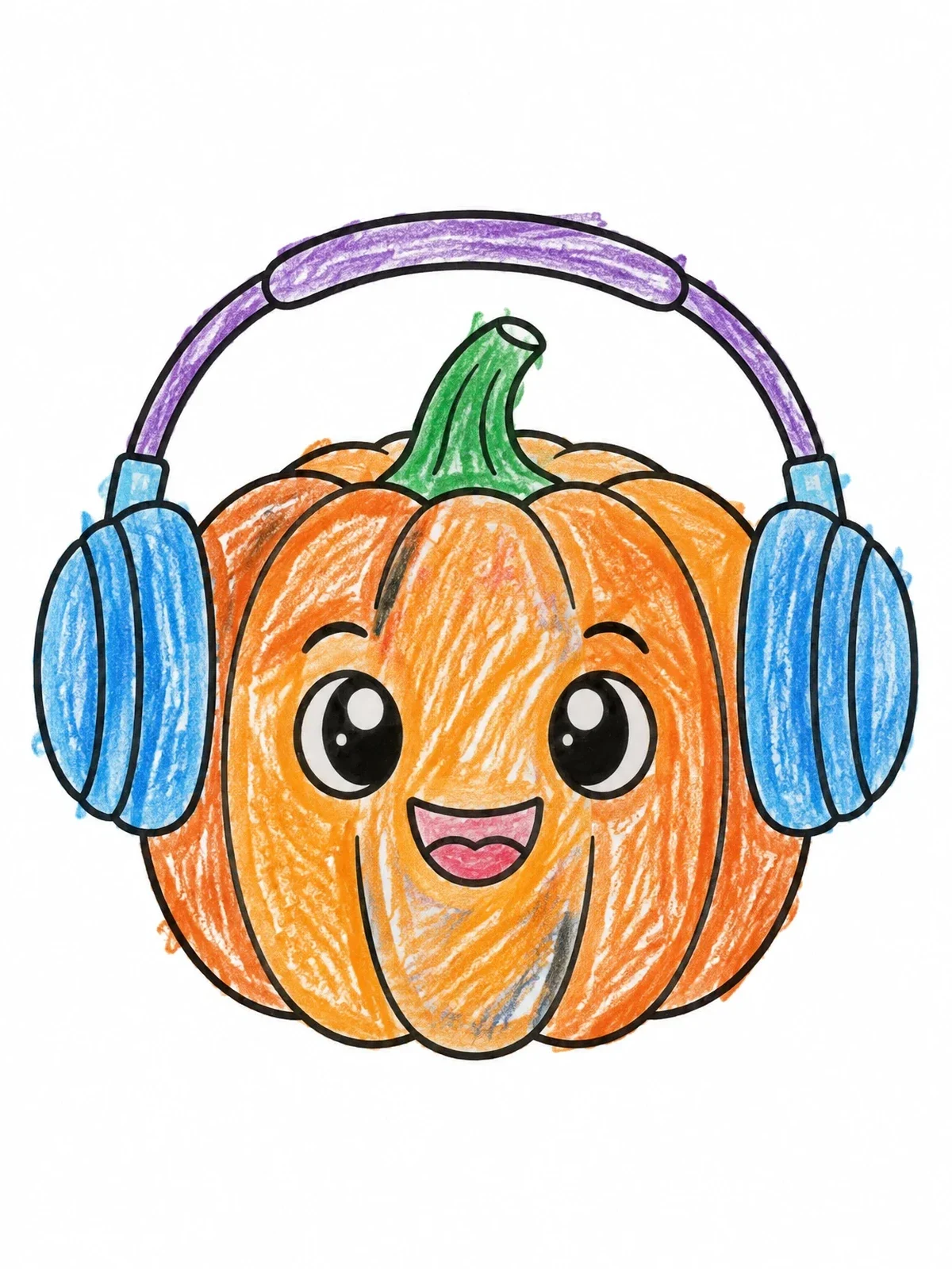 Colored example of the Cute Pumpkin Wearing Headphones coloring page