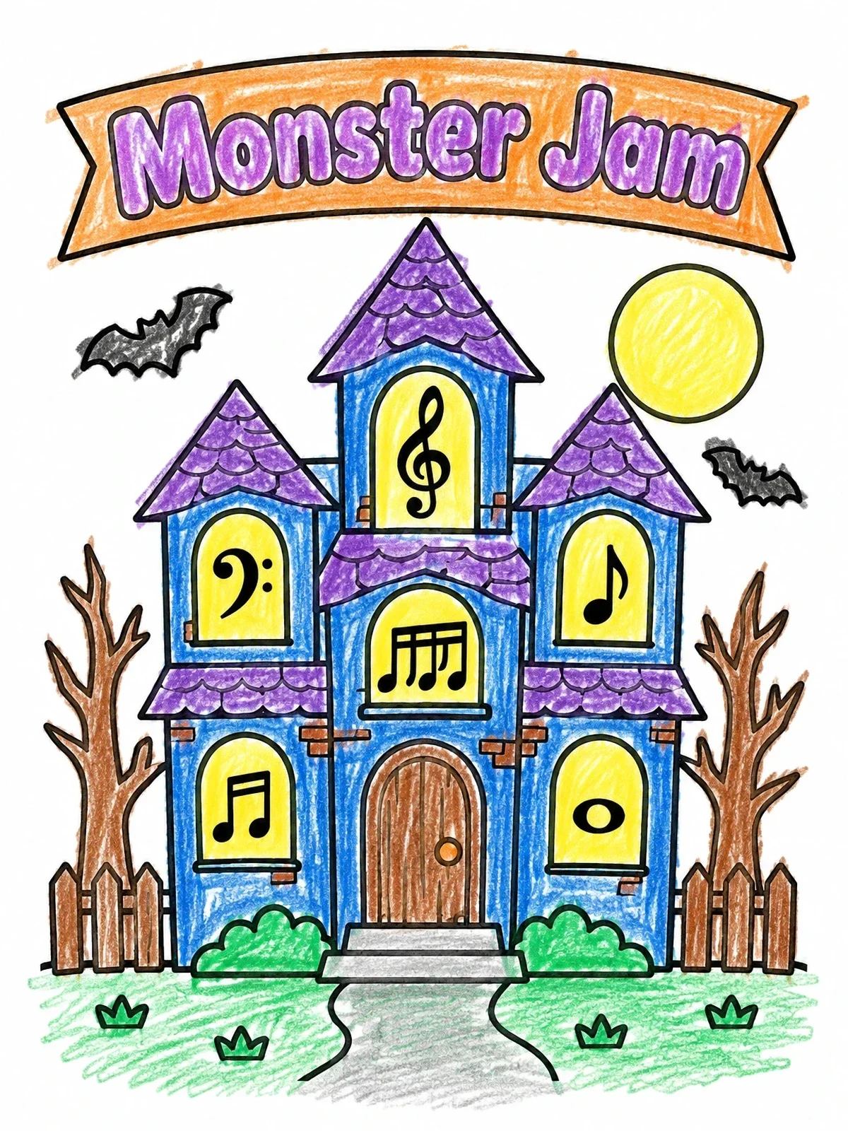 Colored example of the Haunted House Monster Jam coloring page