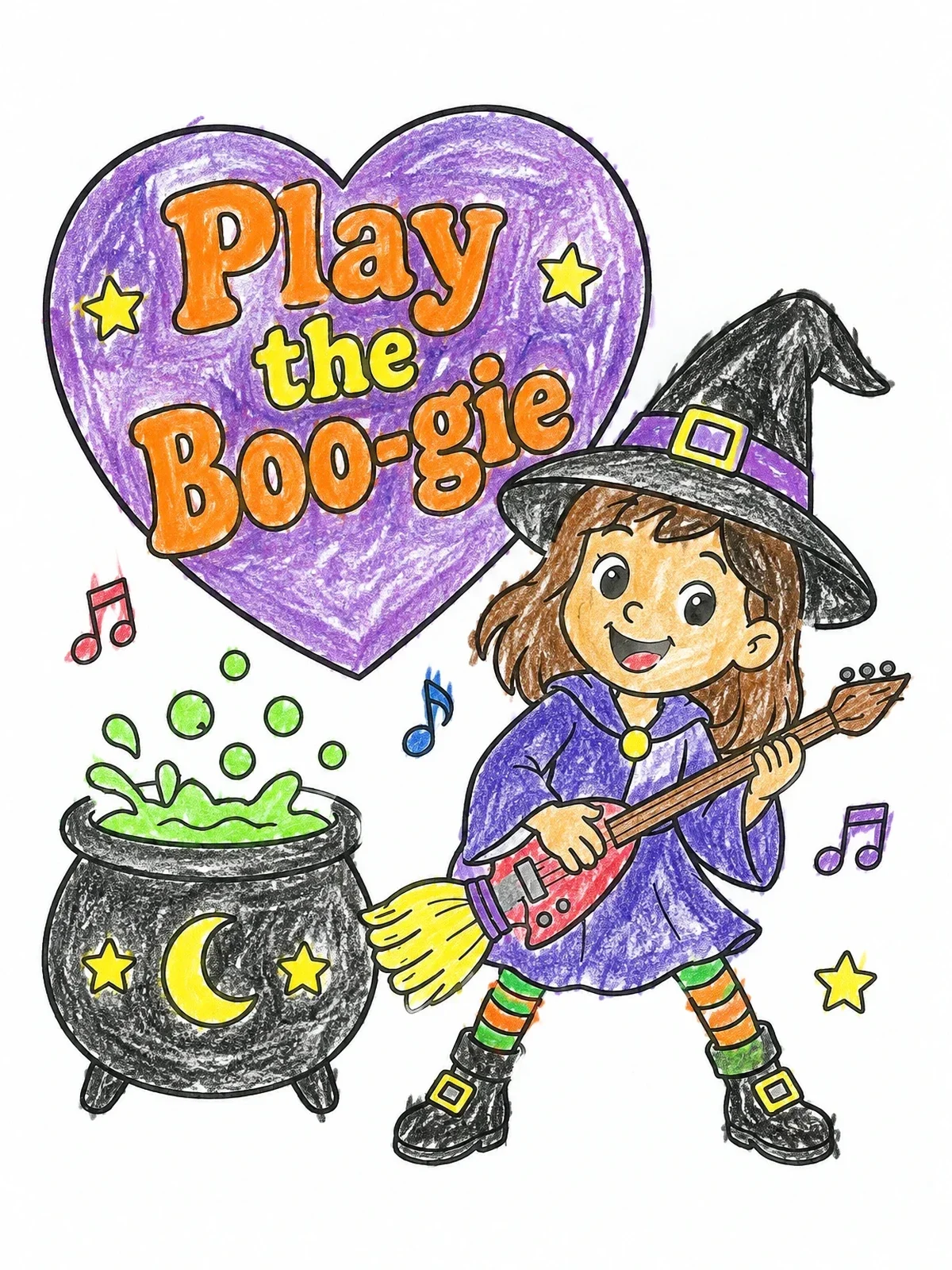 Colored example of the Little Witch Playing Broom Guitar coloring page