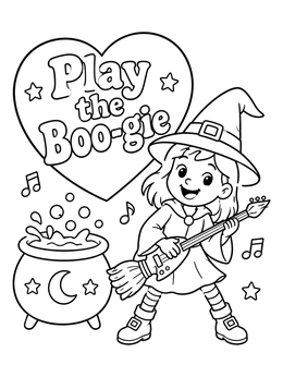 Free printable Little Witch Playing Broom Guitar coloring page