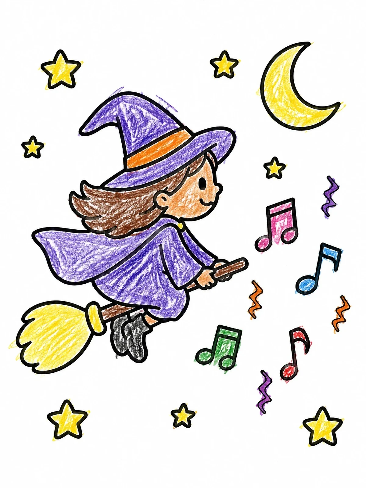 Colored example of the Little Witch Flying With Music Notes coloring page