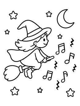 Free printable Little Witch Flying With Music Notes coloring page