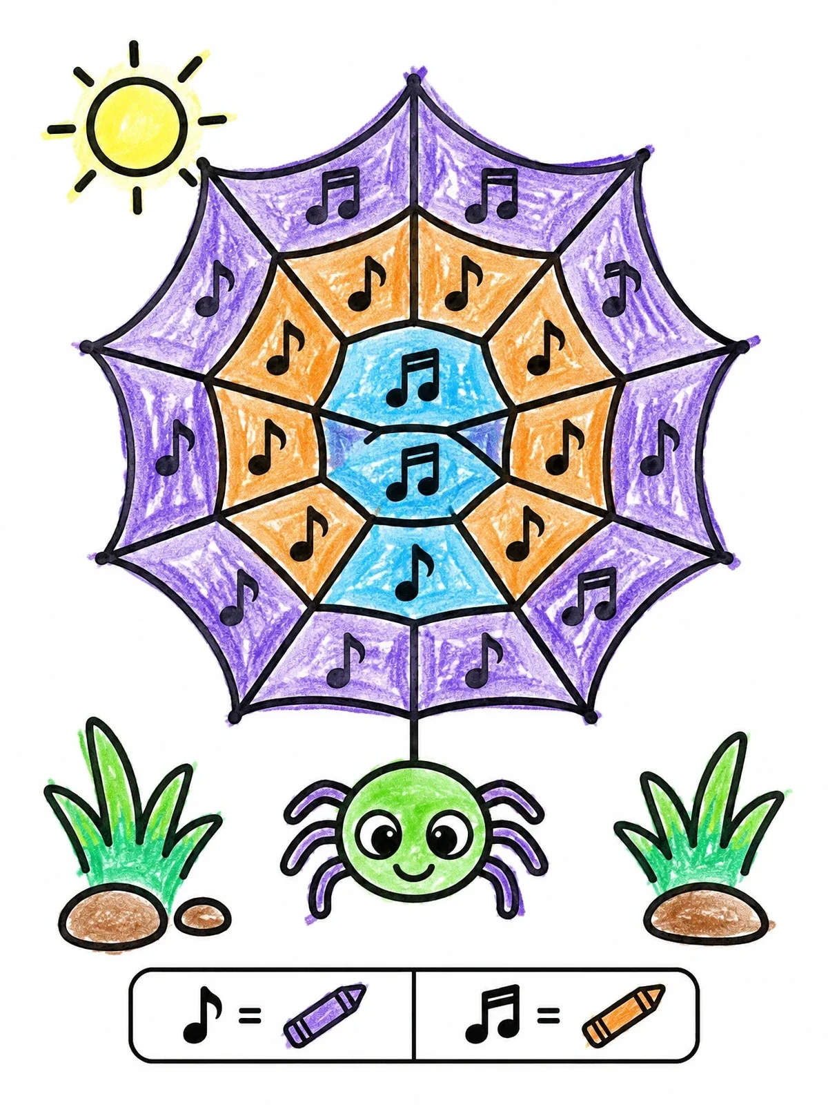 Colored example of the Musical Spider Web Color By Rhythm coloring page