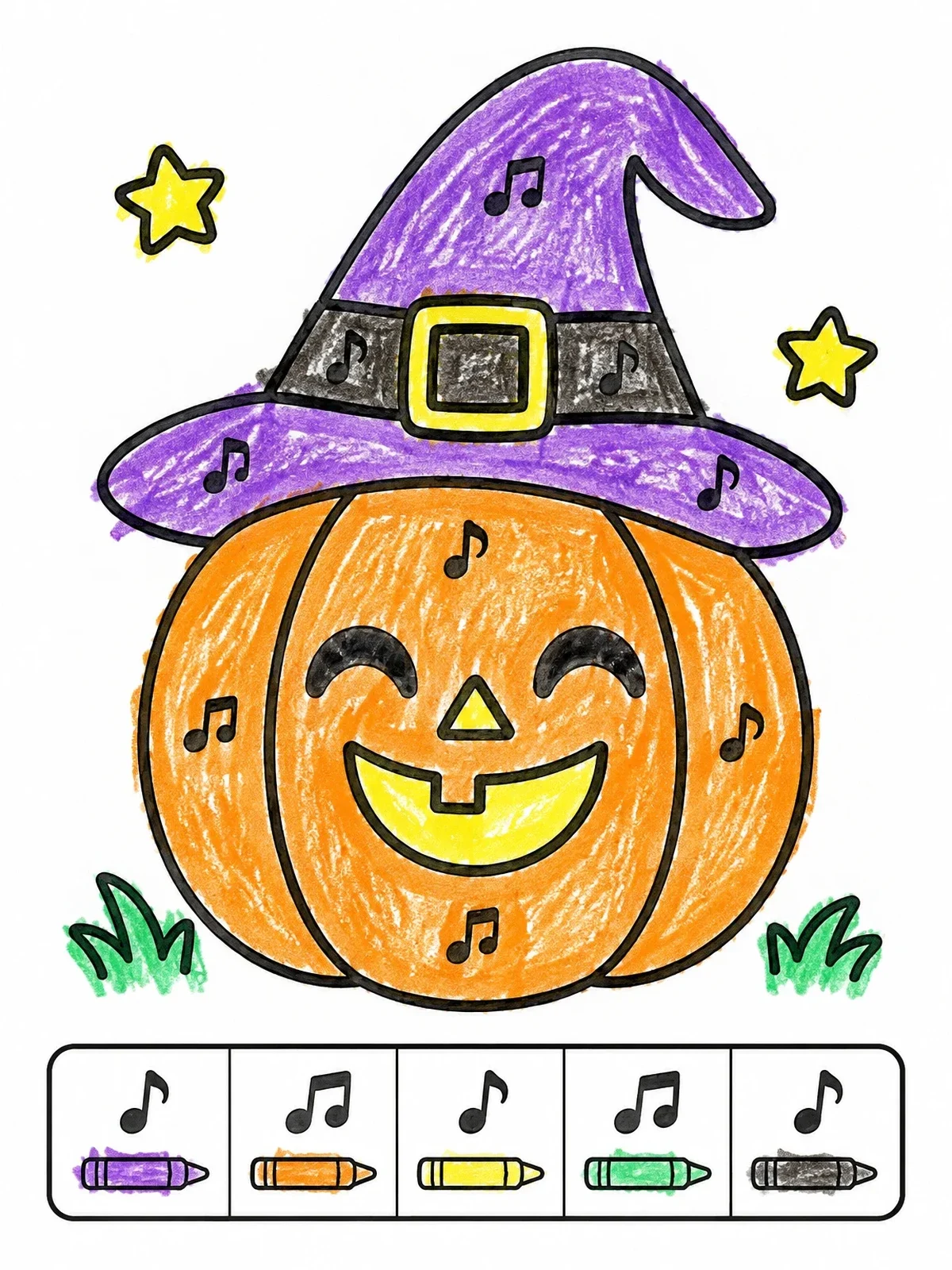 Colored example of the Musical Witch Pumpkin Color By Code coloring page