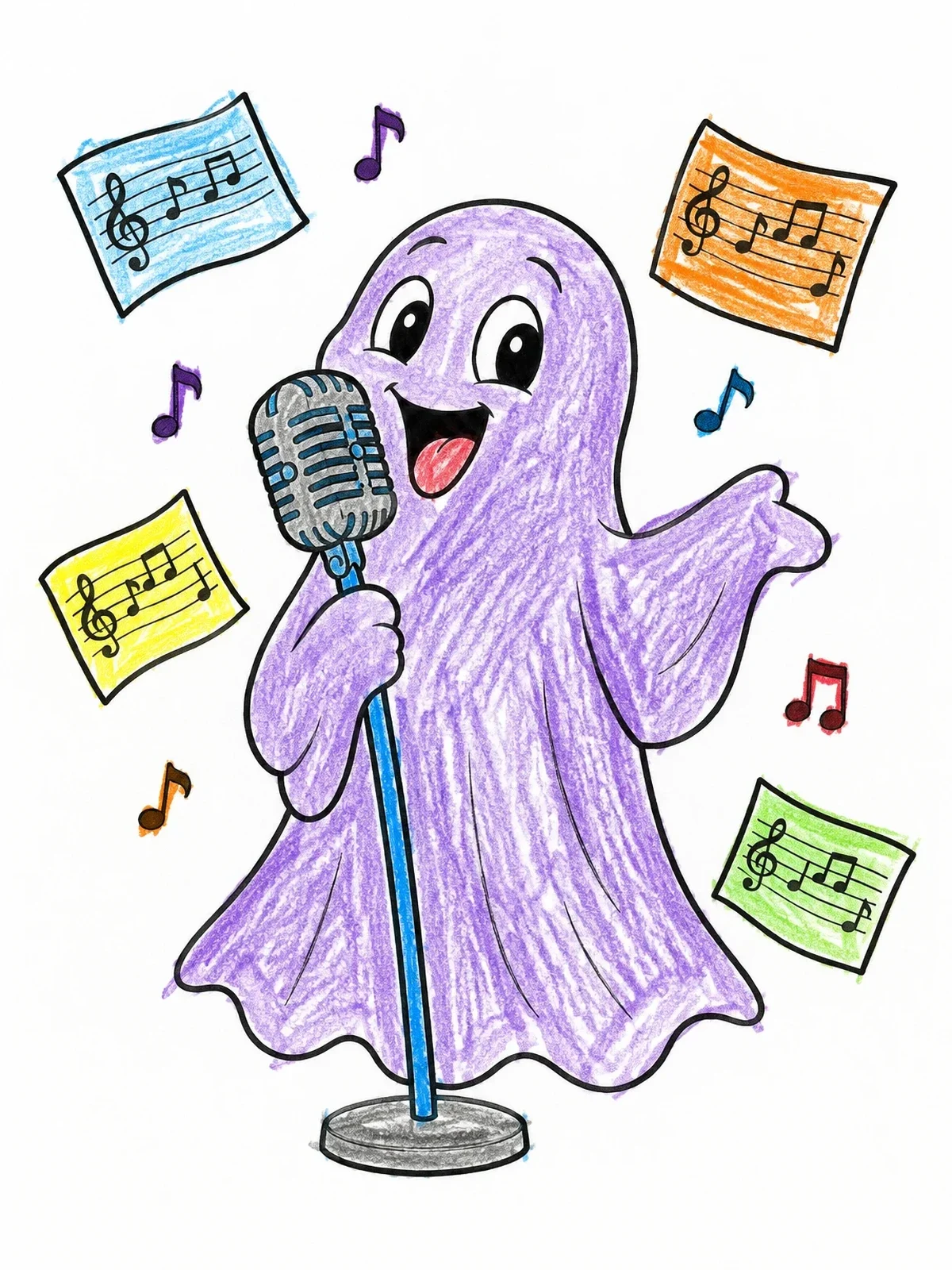 Colored example of the Singing Ghost With Vintage Microphone coloring page