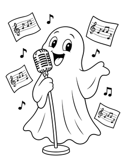 A cheerful ghost sings into a retro microphone in this cute halloween music coloring page.