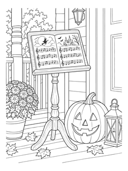 A pumpkin and music stand on this halloween music coloring page.