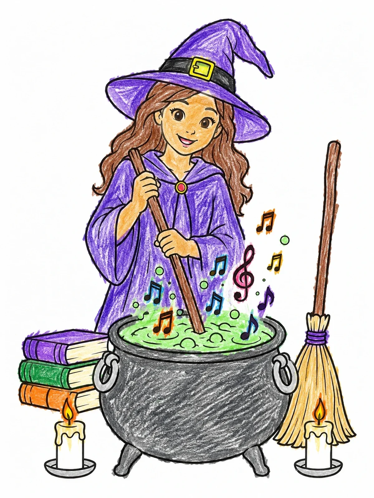 Colored example of the Little Witch Brewing Musical Notes coloring page