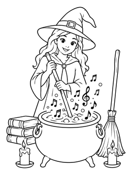 A friendly young witch stirs musical notes inside a cauldron in this halloween music coloring page.