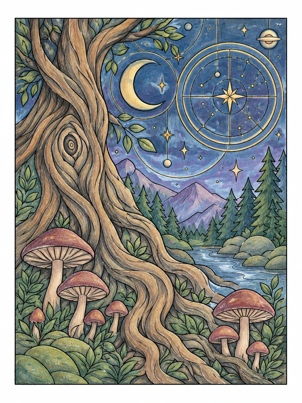 Colored example of the Mystical Forest And Celestial Constellations coloring page