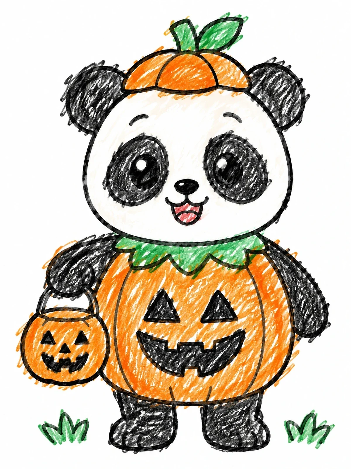 Colored example of the Halloween Panda In Pumpkin Costume coloring page