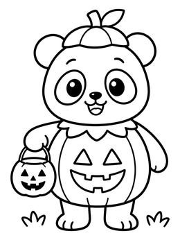 A cute panda coloring page showing a baby panda dressed in a pumpkin costume holding a candy bucket.