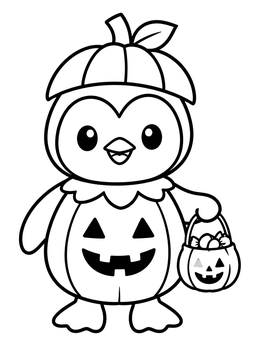 A cute penguin coloring page featuring a chick in a pumpkin costume holding a treat basket.