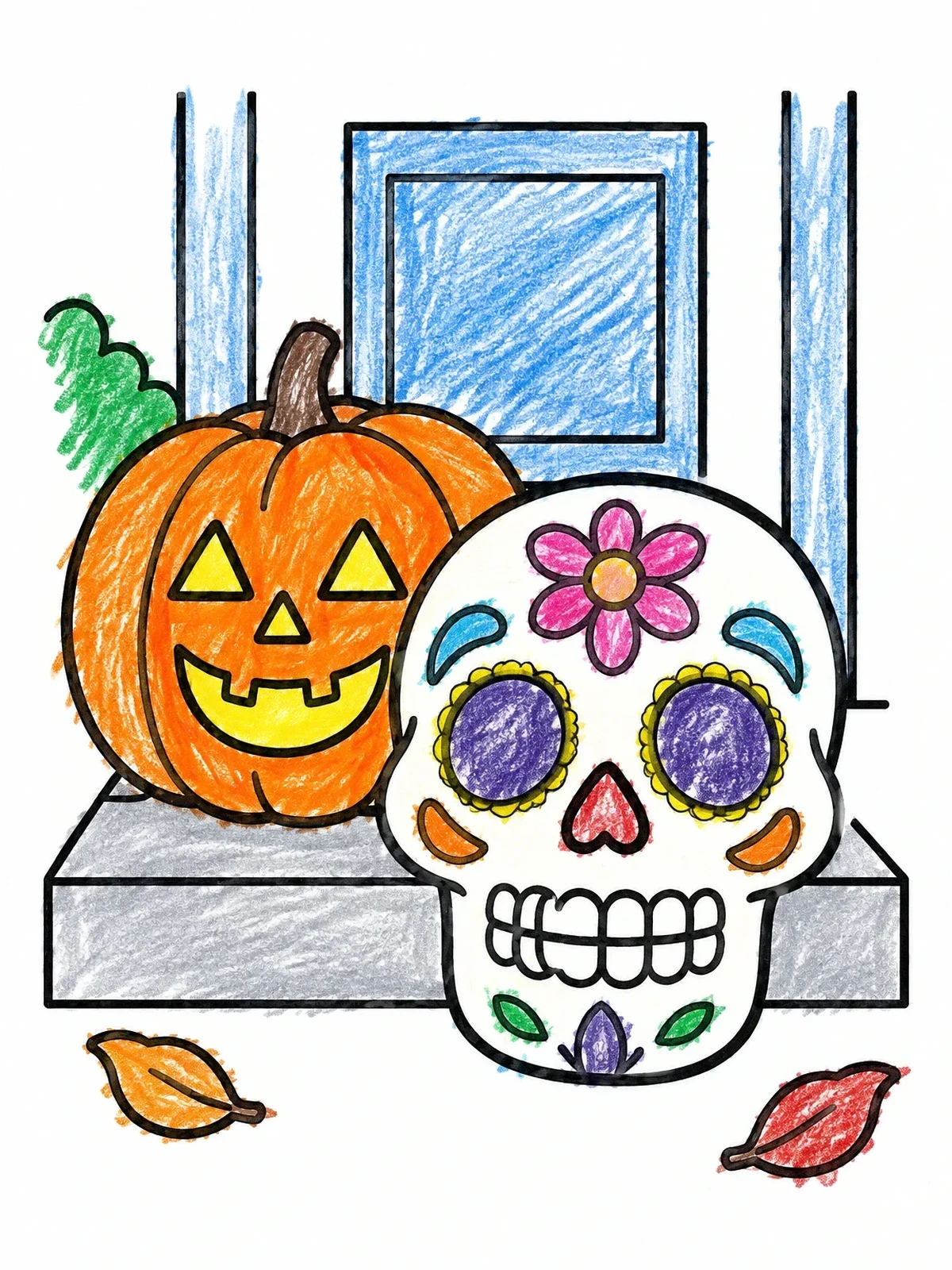 Colored example of the Halloween Pumpkin And Sugar Skull coloring page