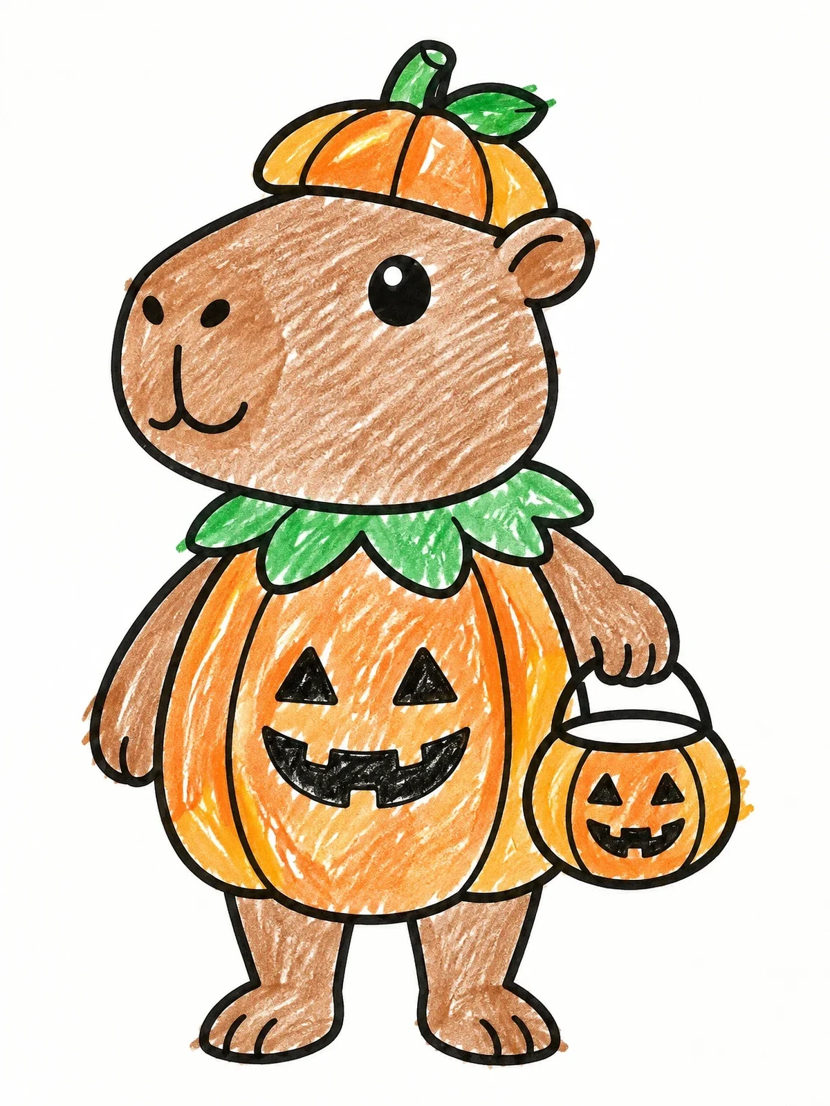 Colored example of the Halloween Pumpkin Capybara coloring page