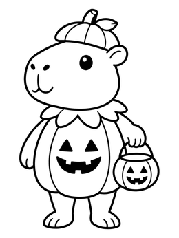 A cute capybara coloring page showing the animal in a pumpkin costume holding a treat bucket.