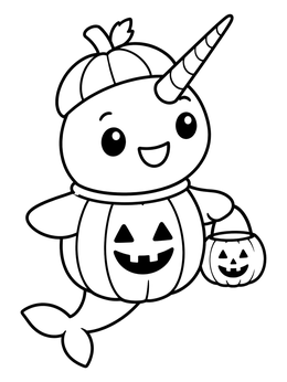 A cute narwhal coloring page with a pumpkin costume and bucket.