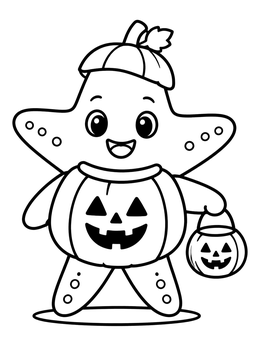 A cute starfish coloring page dressed in a Halloween pumpkin costume holding a treat bucket.