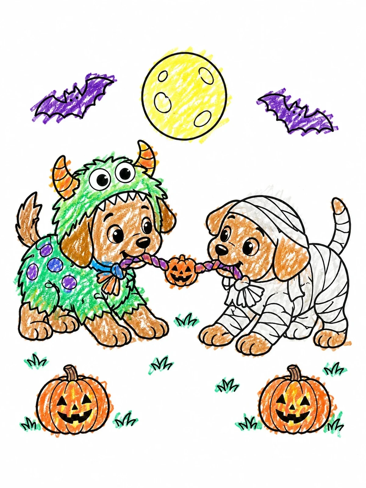 Colored example of the Halloween Puppies In Costume Tug Of War coloring page