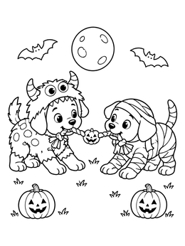 Free printable Halloween Puppies In Costume Tug Of War coloring page