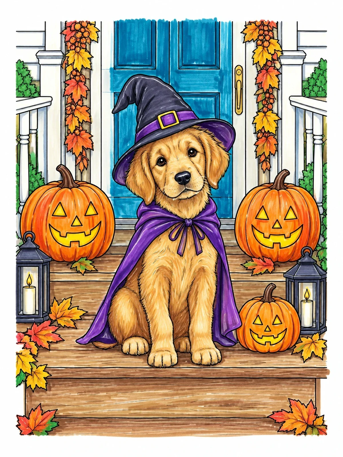 Colored example of the Halloween Puppy On Porch Steps coloring page
