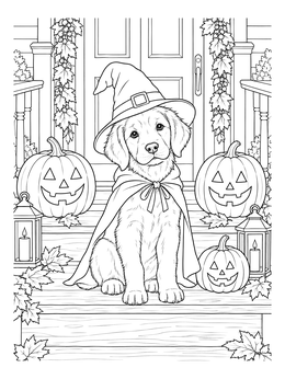 Free printable Halloween Puppy On Porch Steps coloring page