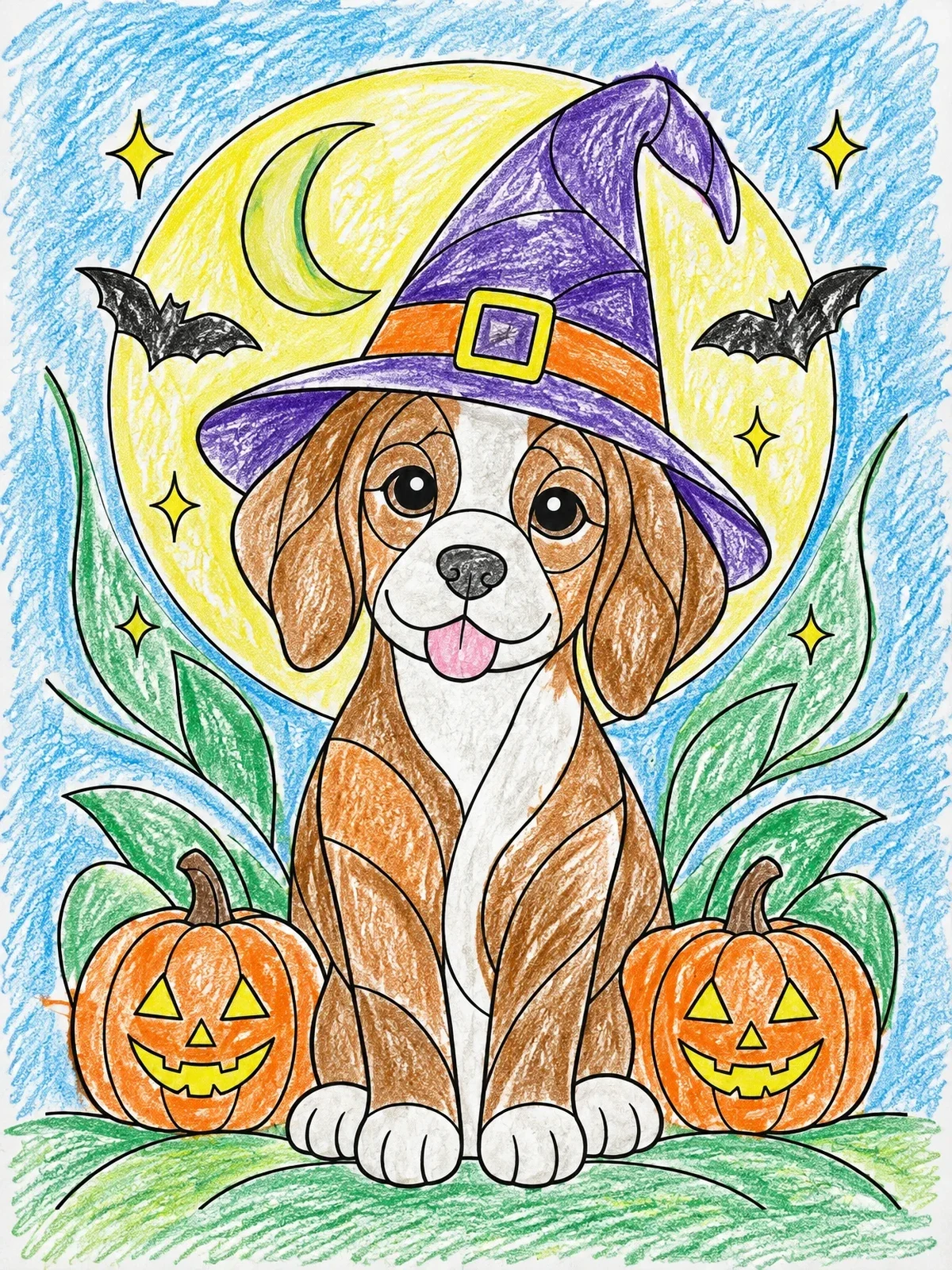 Colored example of the Halloween Puppy In Witch Hat coloring page