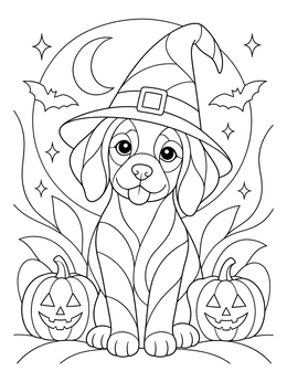 Free printable Halloween Puppy In Witch Hat coloring page