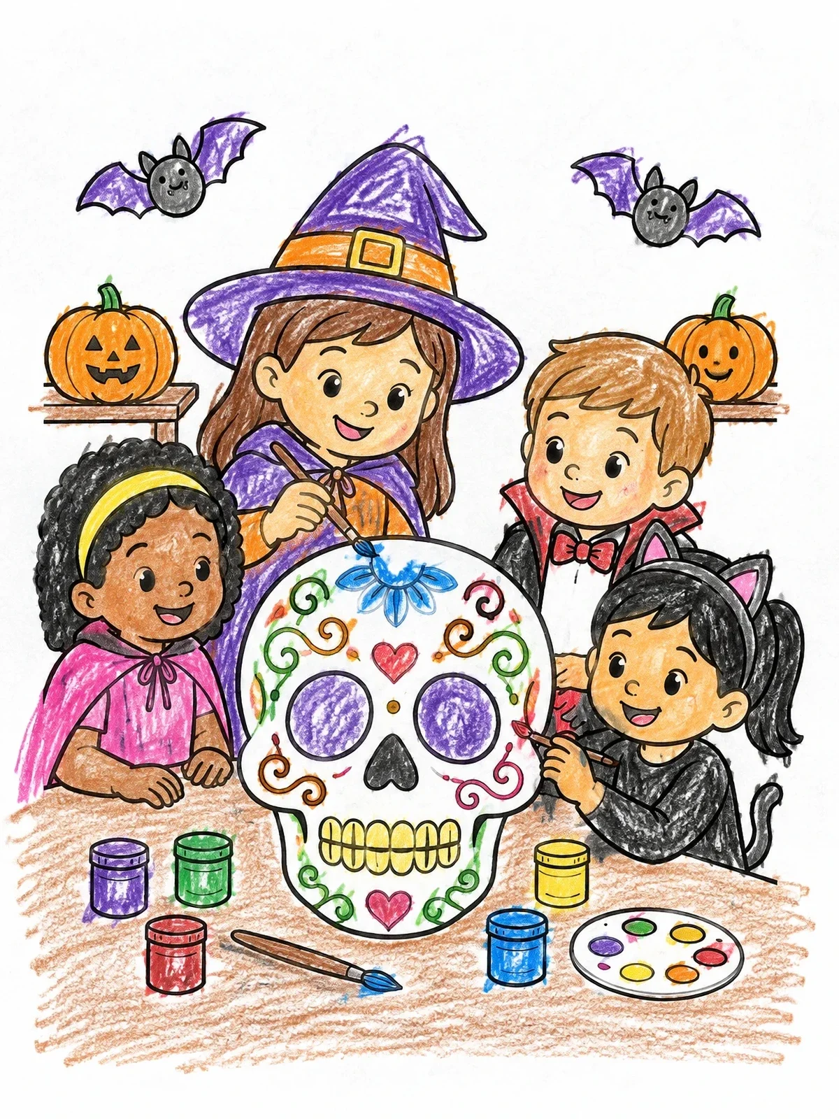 Colored example of the Children Painting A Craft Skull coloring page