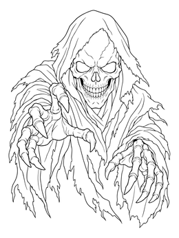 A halloween scary skull coloring page with reaching bony clawed hands and ragged robes.
