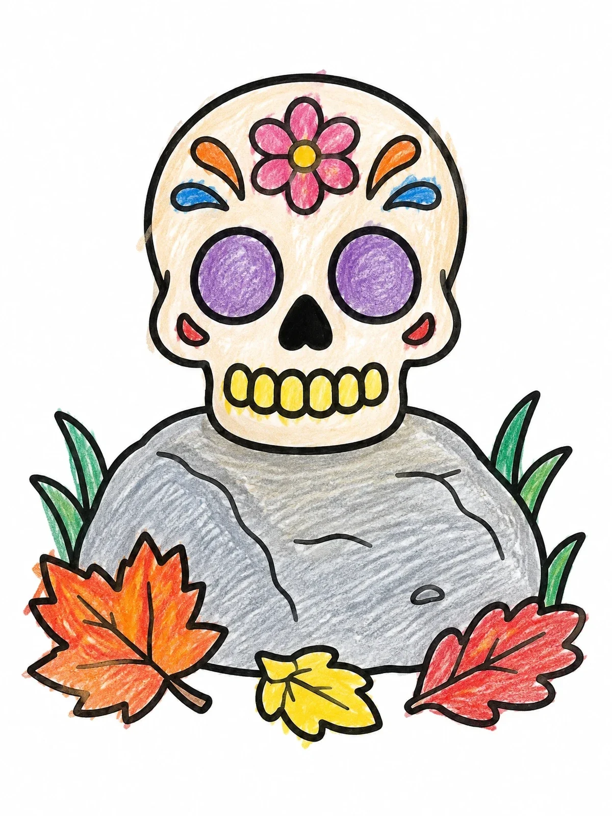 Colored example of the Decorative Skull On Garden Rock coloring page