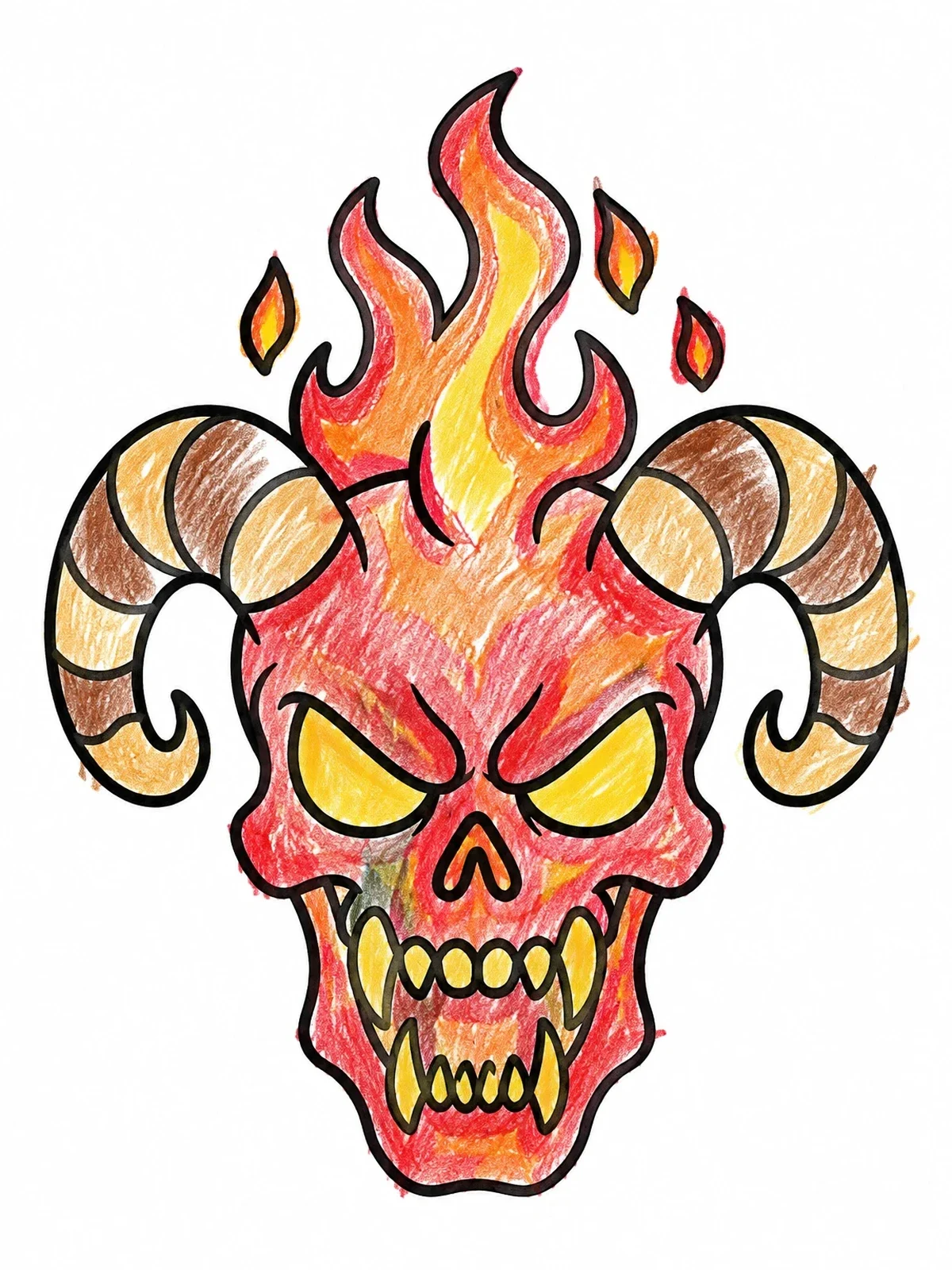 Colored example of the Flaming Demon Horned Skull coloring page