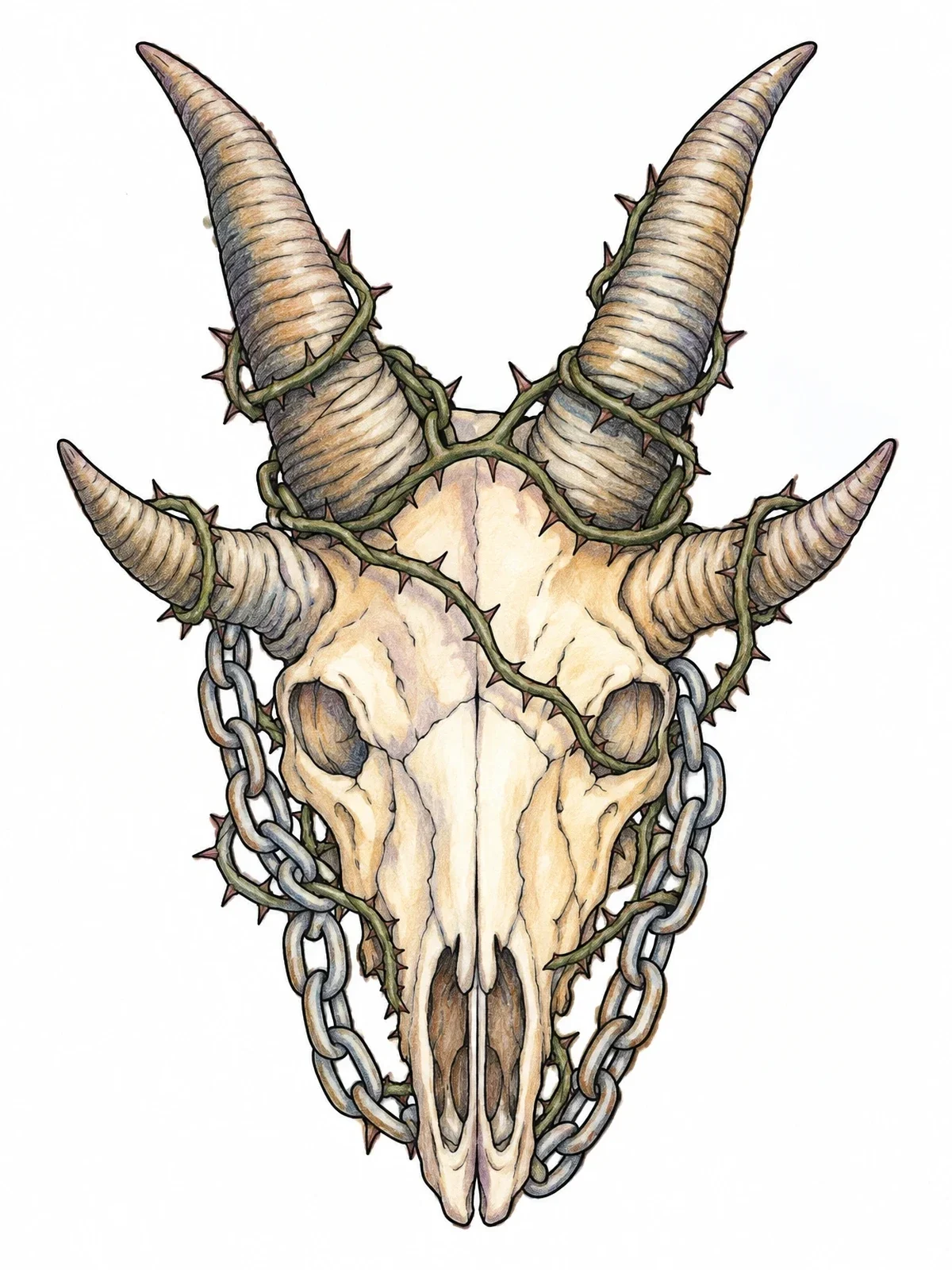 Colored example of the Four Horned Animal Skull With Thorns coloring page